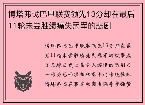 博塔弗戈巴甲联赛领先13分却在最后11轮未尝胜绩痛失冠军的悲剧